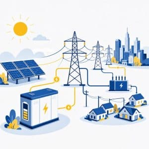 Schéma d’un réseau électrique avec panneaux solaires et stockage illustrant la résilience