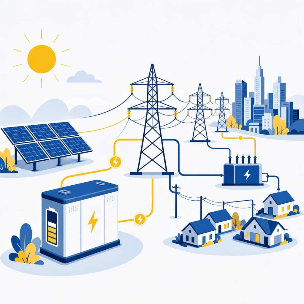 Schéma d’un réseau électrique avec panneaux solaires et stockage illustrant la résilience