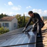 Installateur solaire examinant des panneaux sur une toiture résidentielle sous un ciel clair