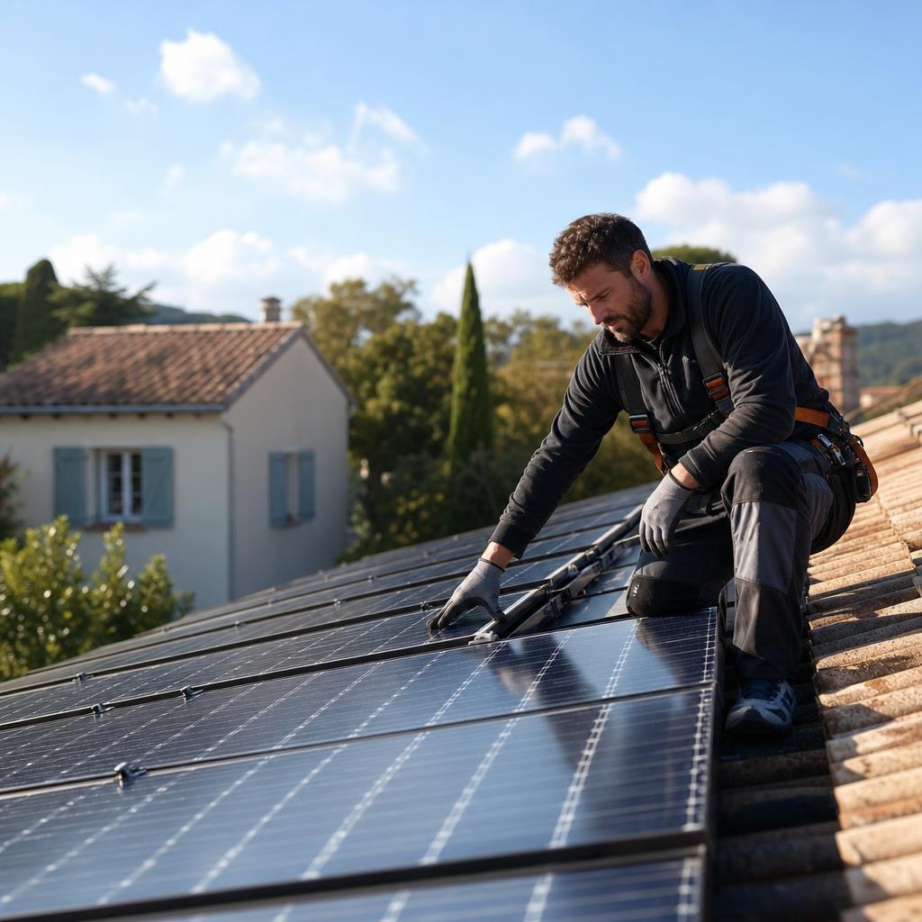 Installateur solaire examinant des panneaux sur une toiture résidentielle sous un ciel clair