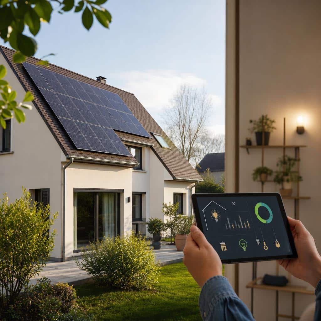 Maison individuelle équipée de panneaux solaires avec lumière de fin de journée et compteur domestique en arrière-plan