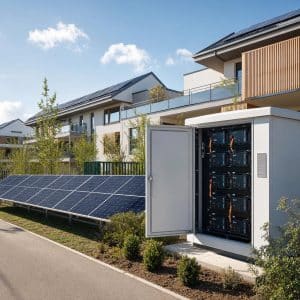Batteries de stockage installées près d’un ensemble résidentiel équipé de panneaux solaires