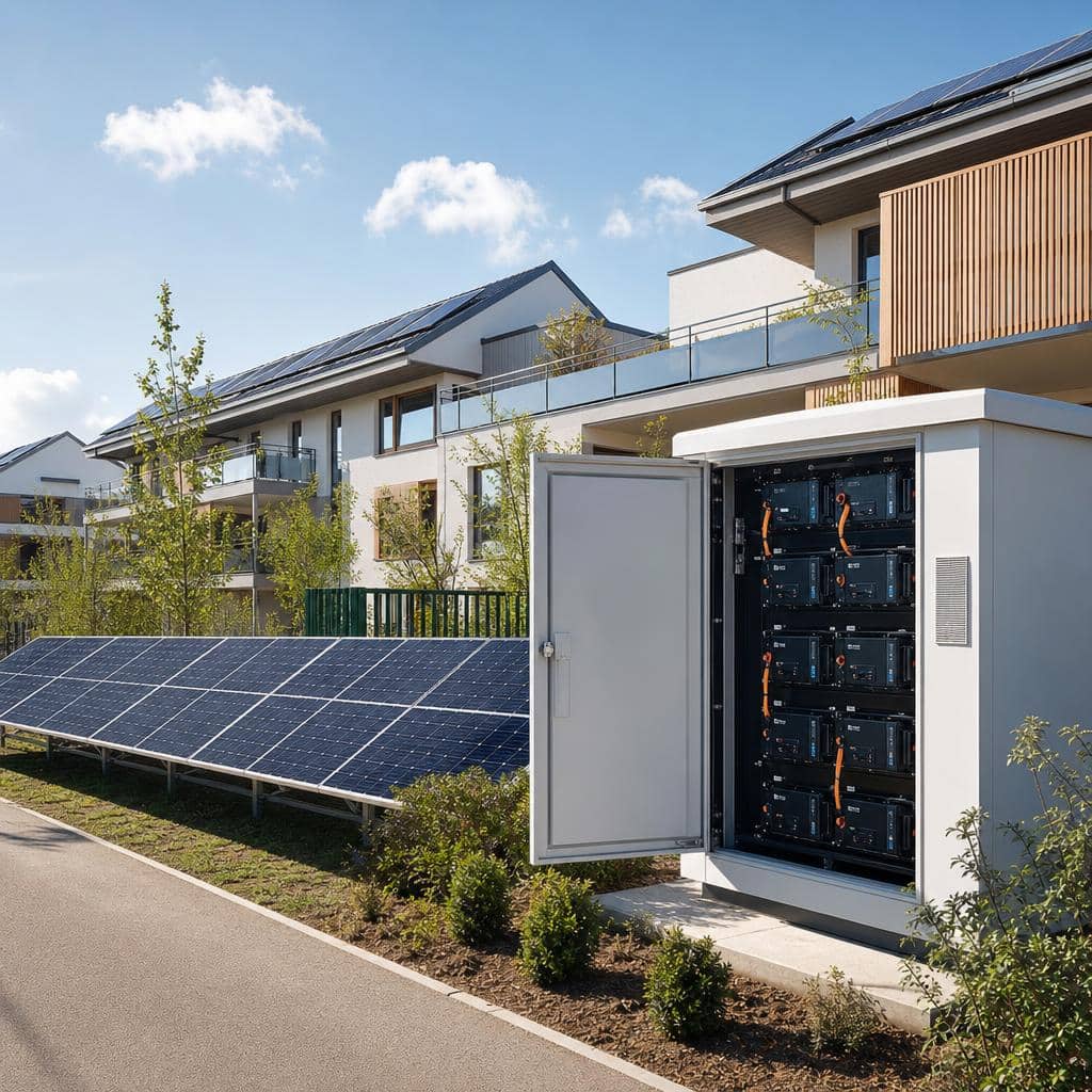 Batteries de stockage installées près d’un ensemble résidentiel équipé de panneaux solaires