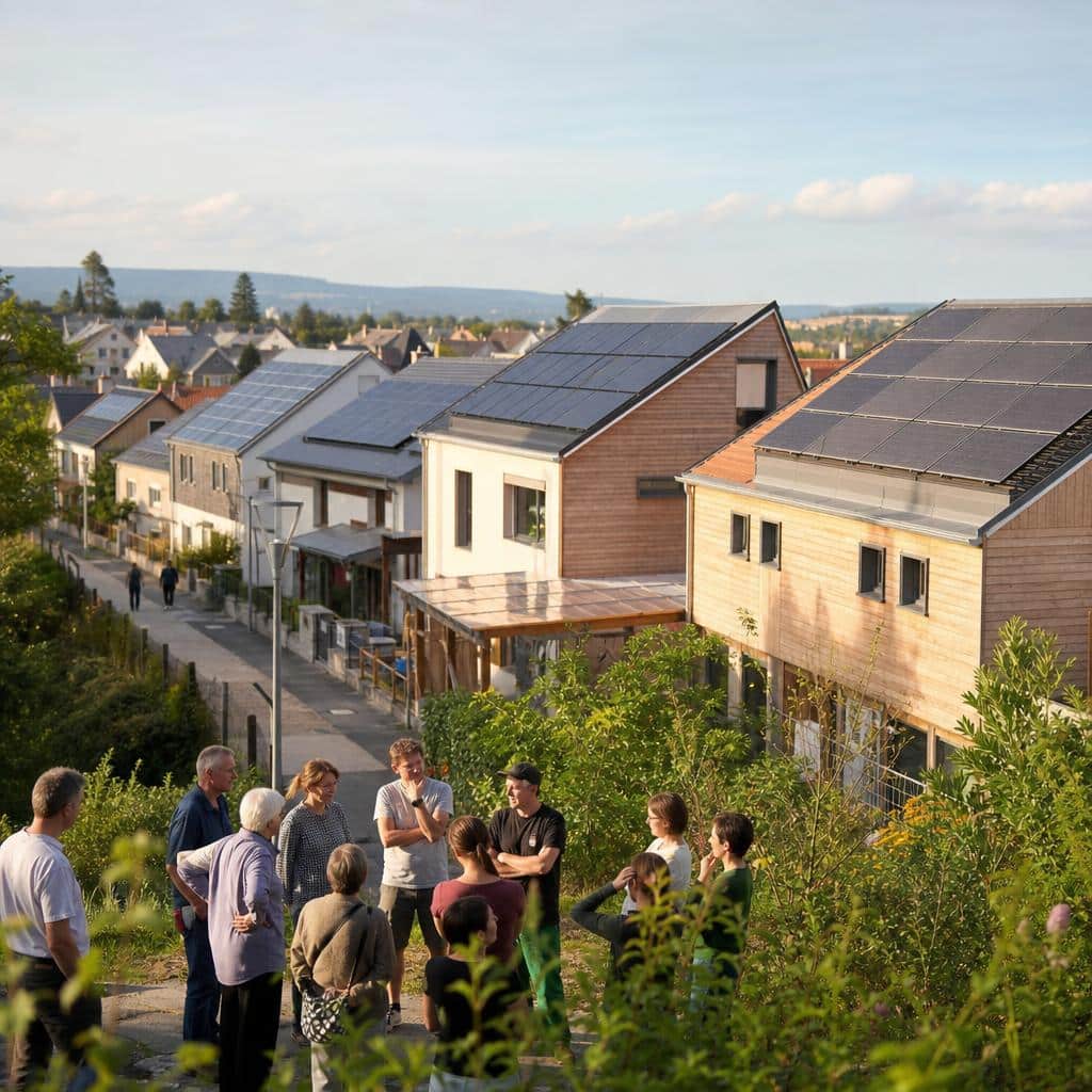 Toits solaires d'un quartier résidentiel illustrant un projet d'autoconsommation collective