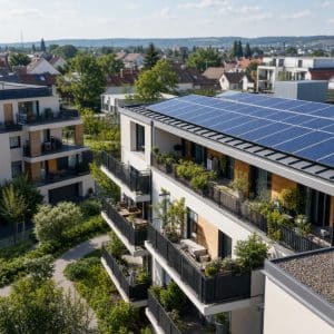 Immeuble résidentiel équipé de panneaux solaires dans un projet d'autoconsommation collective
