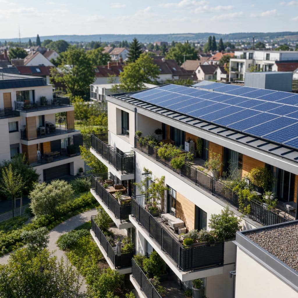 Immeuble résidentiel équipé de panneaux solaires dans un projet d'autoconsommation collective