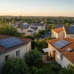 Quartier résidentiel avec toitures solaires illustrant un partage local de l'électricité
