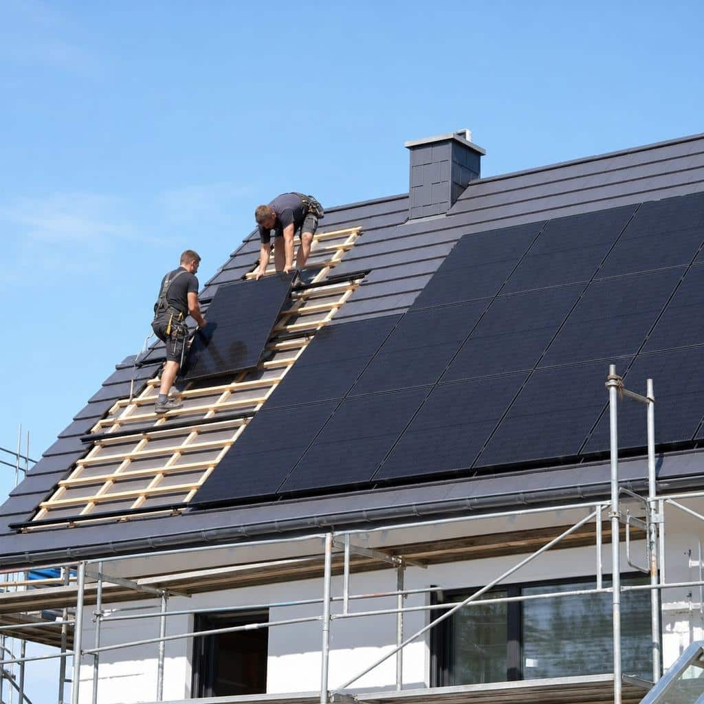 Toiture en rénovation avec panneaux solaires intégrés sur un bâtiment moderne