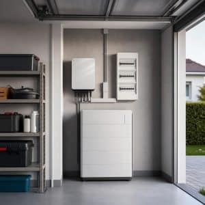 Batterie domestique installée dans un garage de maison avec onduleur solaire