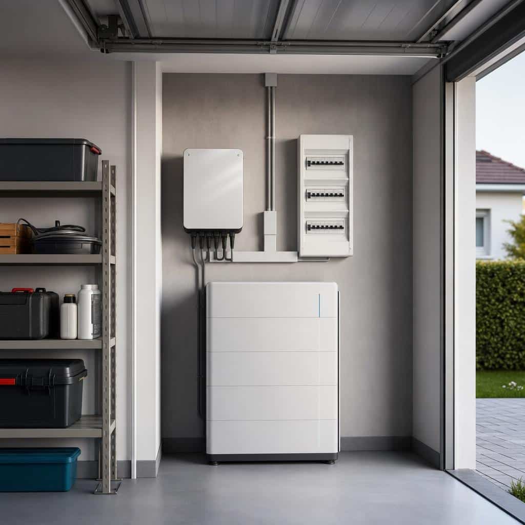 Batterie domestique installée dans un garage de maison avec onduleur solaire