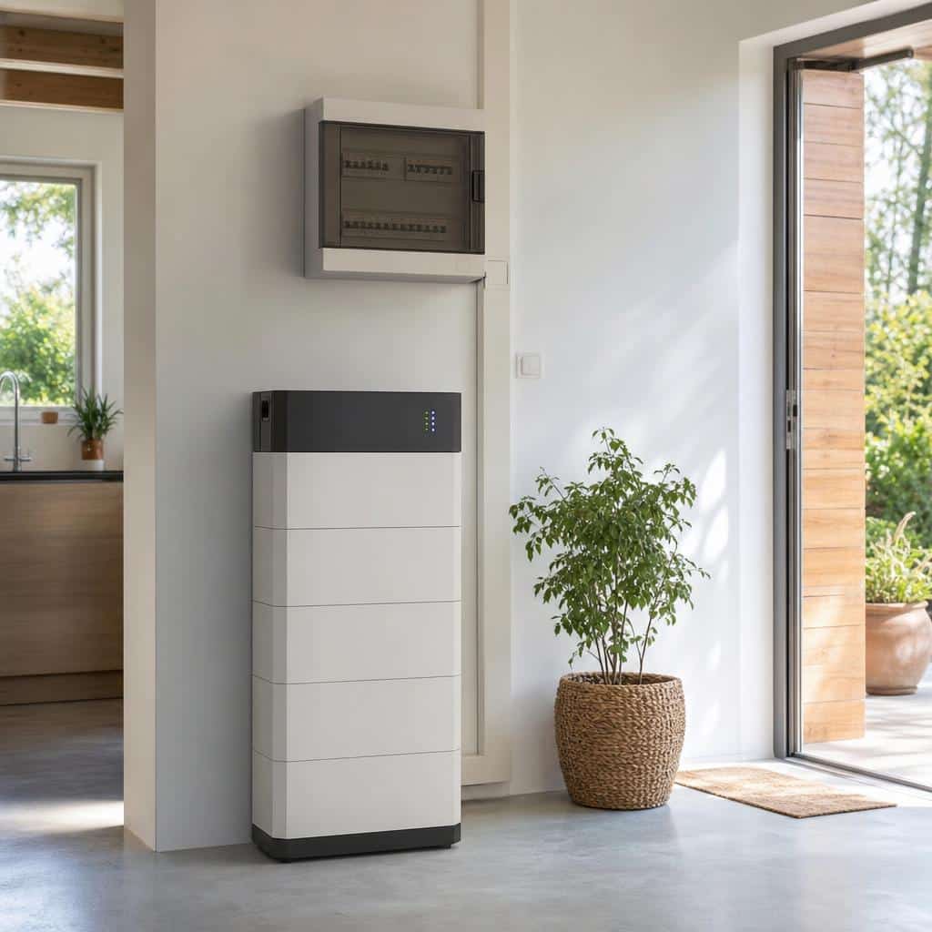Batterie domestique installée près d'un tableau électrique dans une maison lumineuse