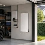 Batterie domestique murale discrète installée dans un garage moderne à côté d’un onduleur solaire