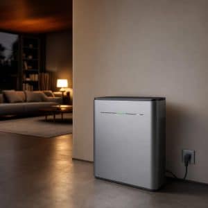 Batterie domestique compacte posée dans une pièce de vie près d’une fenêtre avec lumière naturelle