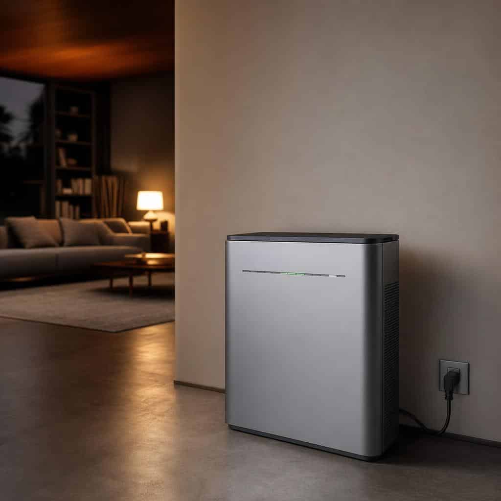 Batterie domestique compacte posée dans une pièce de vie près d’une fenêtre avec lumière naturelle