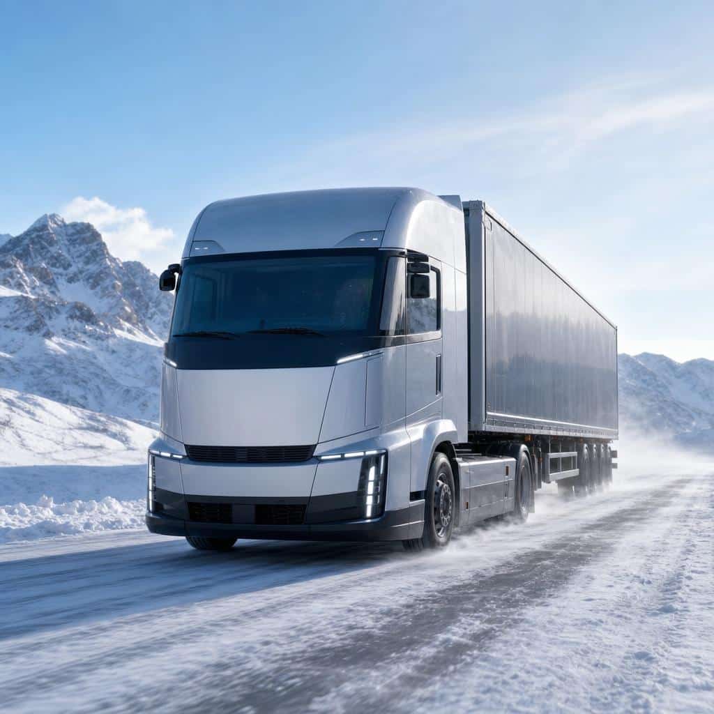 Camion électrique moderne circulant dans un paysage enneigé avec ambiance de froid intense