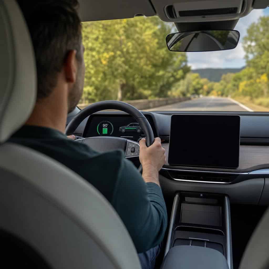 Tableau de bord d’une voiture électrique affichant un kilométrage élevé et une batterie en bon état