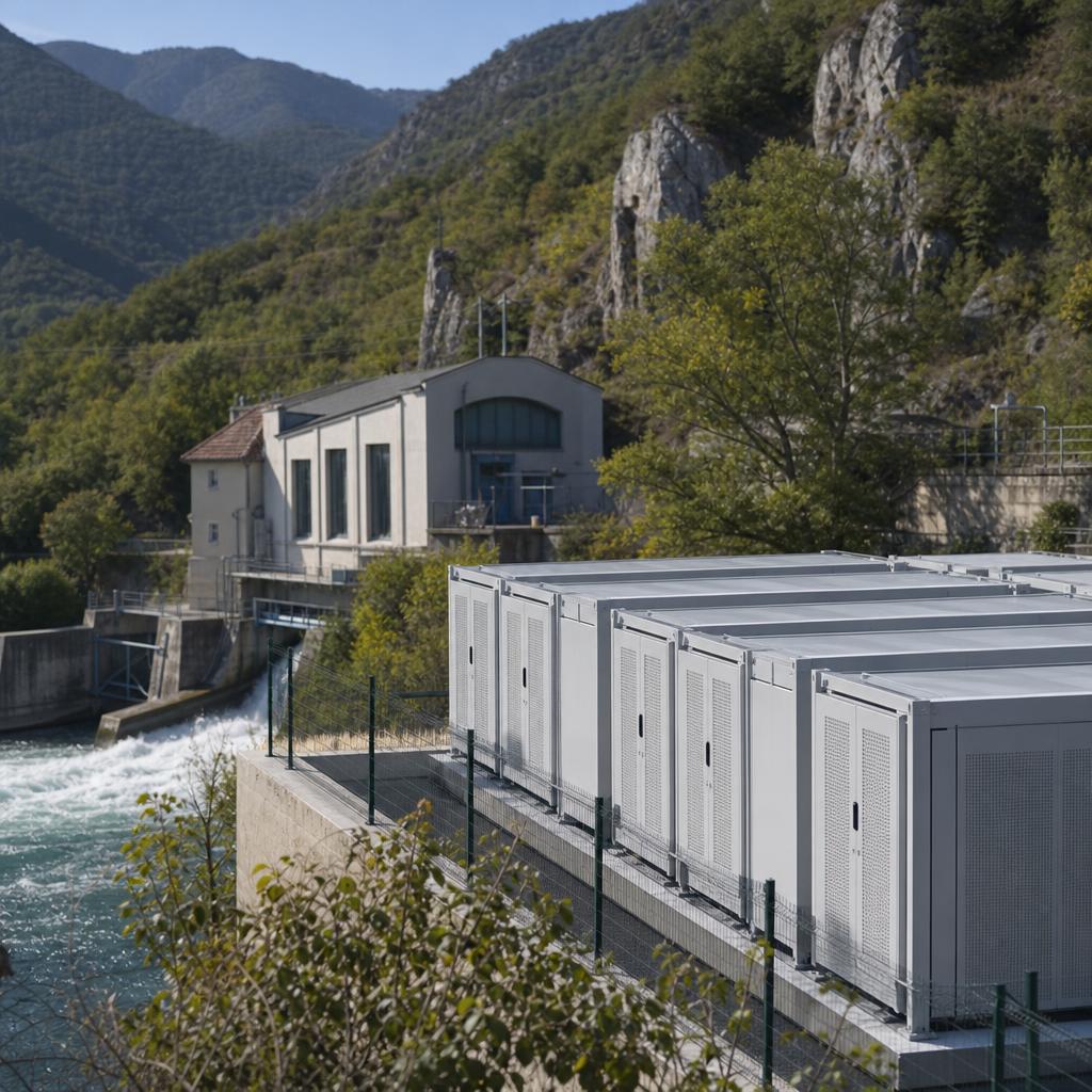 Conteneurs de batteries près d’une installation hydroélectrique dans un paysage du sud de la France