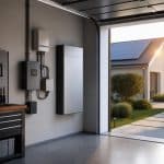 Batterie domestique moderne associée à des panneaux solaires dans un local technique lumineux