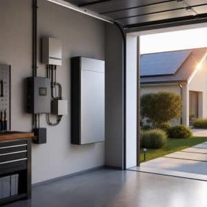 Batterie domestique moderne associée à des panneaux solaires dans un local technique lumineux