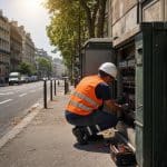 Rue urbaine en forte chaleur avec technicien réseau électrique intervenant près d’une armoire de distribution