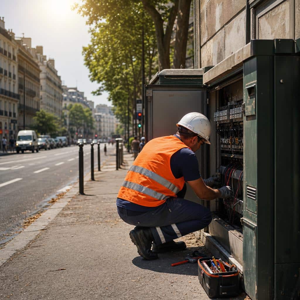 Rue urbaine en forte chaleur avec technicien réseau électrique intervenant près d’une armoire de distribution