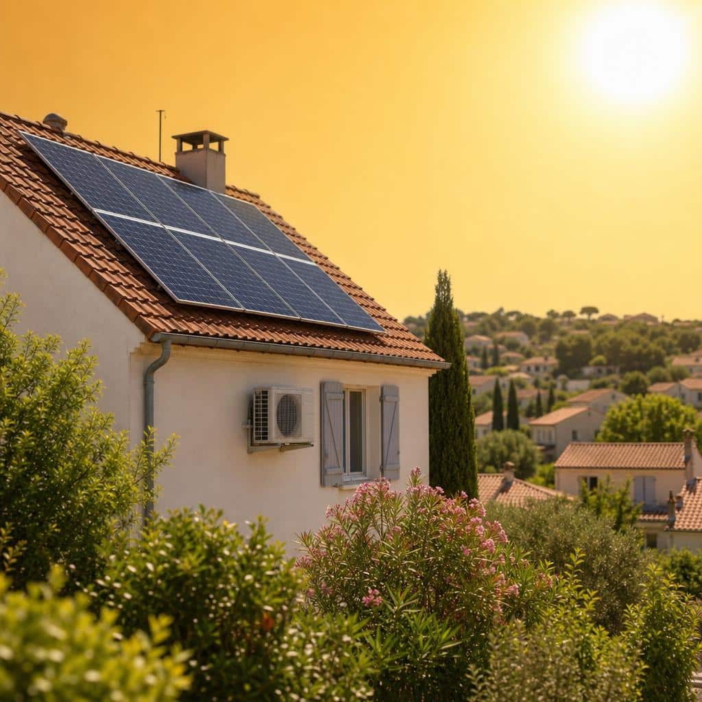 Maison équipée de panneaux solaires pendant une forte chaleur estivale
