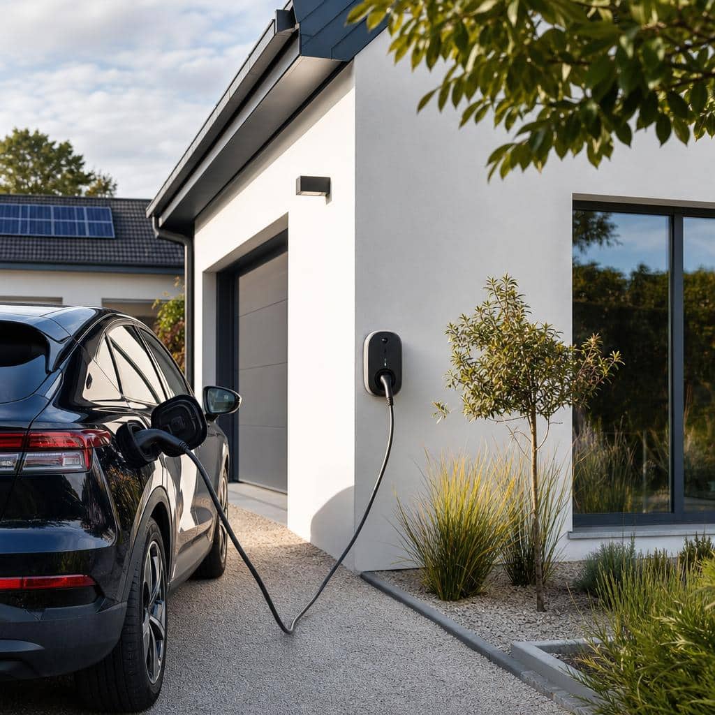 Maison contemporaine avec une borne de recharge à câble unique et équipements électriques visibles