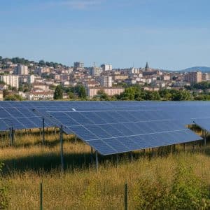 Parc solaire au sol à proximité d'une zone urbaine avec bâtiments visibles