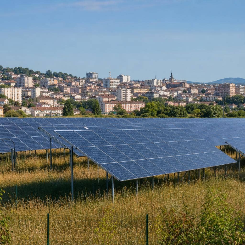 Parc solaire au sol à proximité d'une zone urbaine avec bâtiments visibles