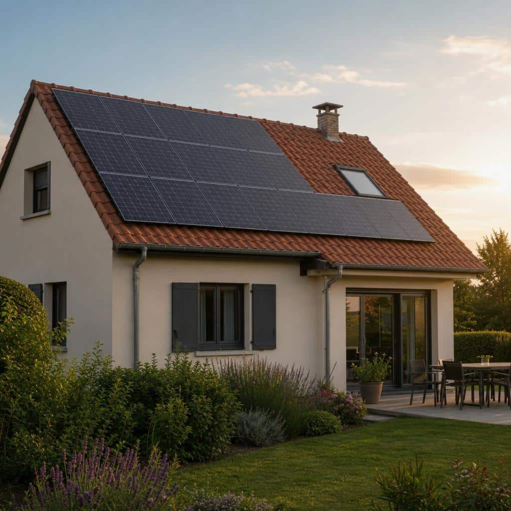 Maison équipée de panneaux solaires sous une lumière de fin de journée
