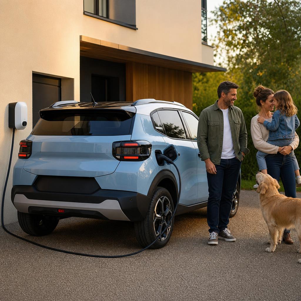 SUV électrique compact stationné devant une maison avec borne de recharge domestique