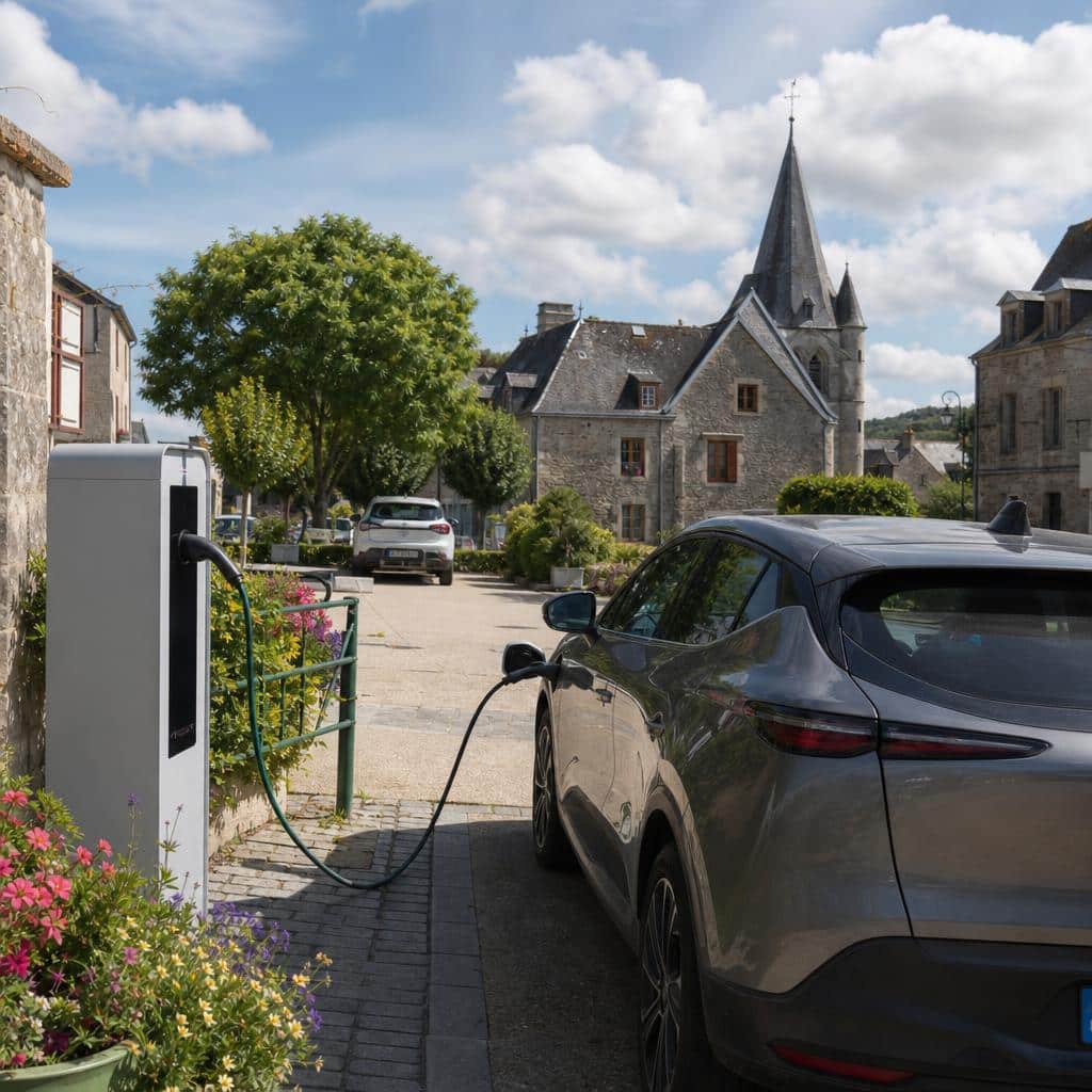Petite place de village française avec une borne de recharge utilisée par une voiture électrique
