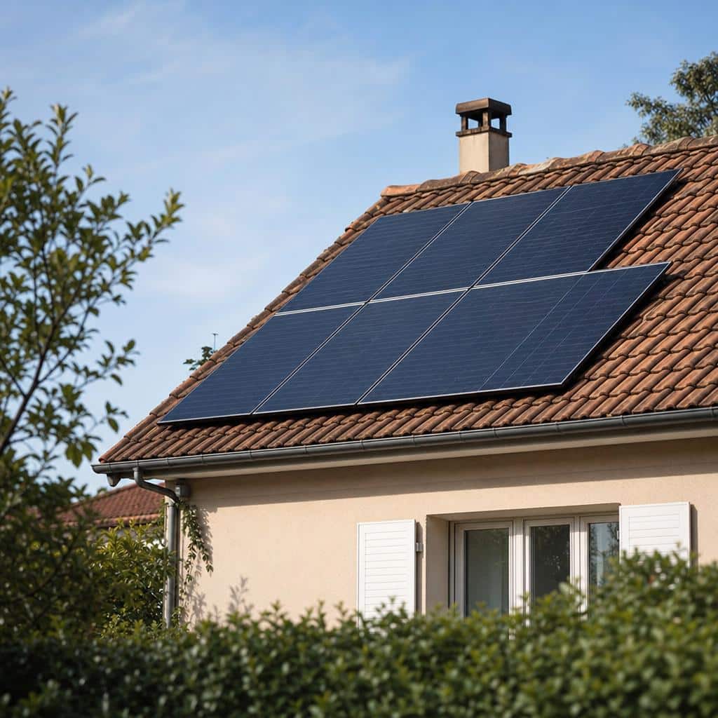 Toiture résidentielle avec des panneaux solaires récents vus en légère contre-plongée