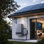 Toiture solaire résidentielle avec onduleur connecté et interface de supervision en arrière-plan