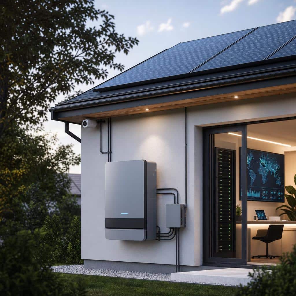 Toiture solaire résidentielle avec onduleur connecté et interface de supervision en arrière-plan