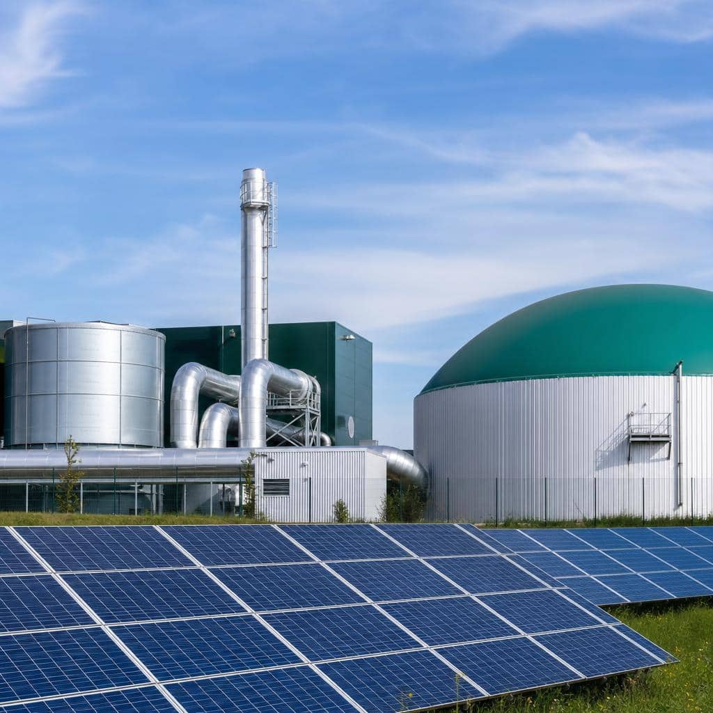 Site énergétique moderne avec équipements thermiques et solaires dans une zone d’activité