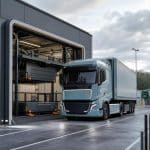 Camion électrique moderne entrant dans une station automatisée d’échange de batteries