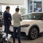 Voiture électrique neuve exposée en concession avec un conducteur en train de comparer des informations d'achat