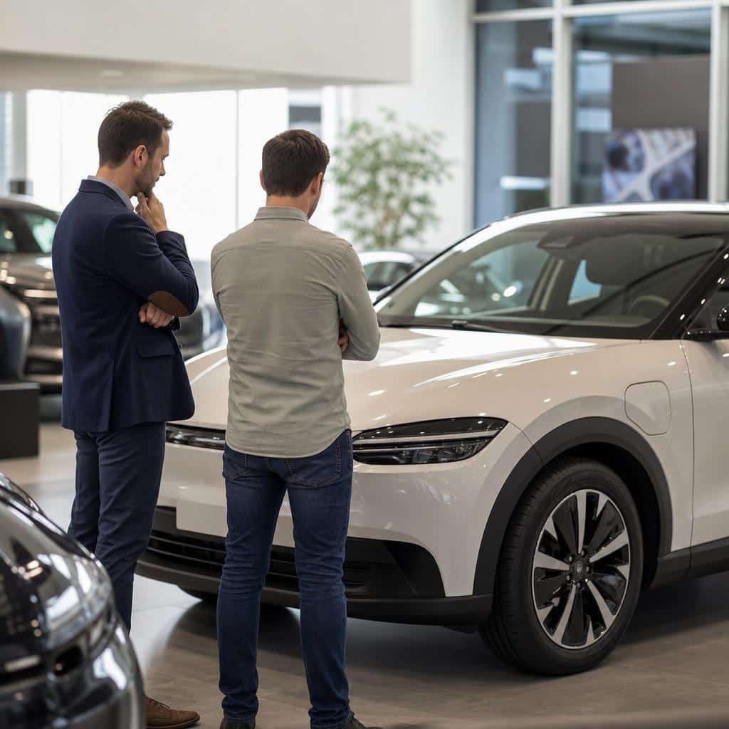 Voiture électrique neuve exposée en concession avec un conducteur en train de comparer des informations d'achat