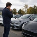 Conducteur comparant plusieurs voitures électriques dans un parking ou une concession