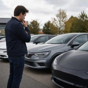 Conducteur comparant plusieurs voitures électriques dans un parking ou une concession