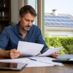 Propriétaire relisant un contrat solaire devant une maison équipée de panneaux photovoltaïques