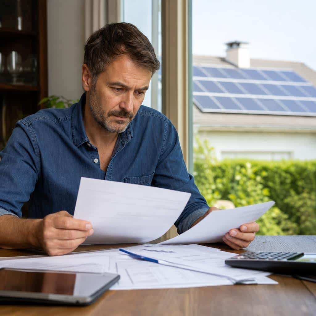 Propriétaire relisant un contrat solaire devant une maison équipée de panneaux photovoltaïques