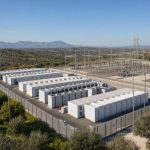 Grand site de batteries de stockage raccordé à une sous-station électrique dans un paysage méditerranéen