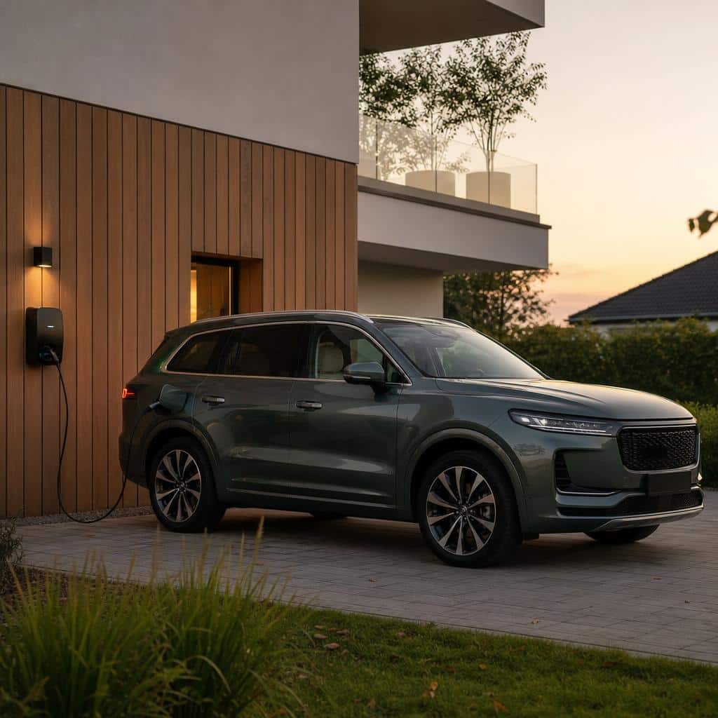 SUV hybride rechargeable branché devant une maison moderne au coucher du soleil