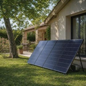 Kit solaire résidentiel avec panneaux et micro-onduleur installé près d'une maison