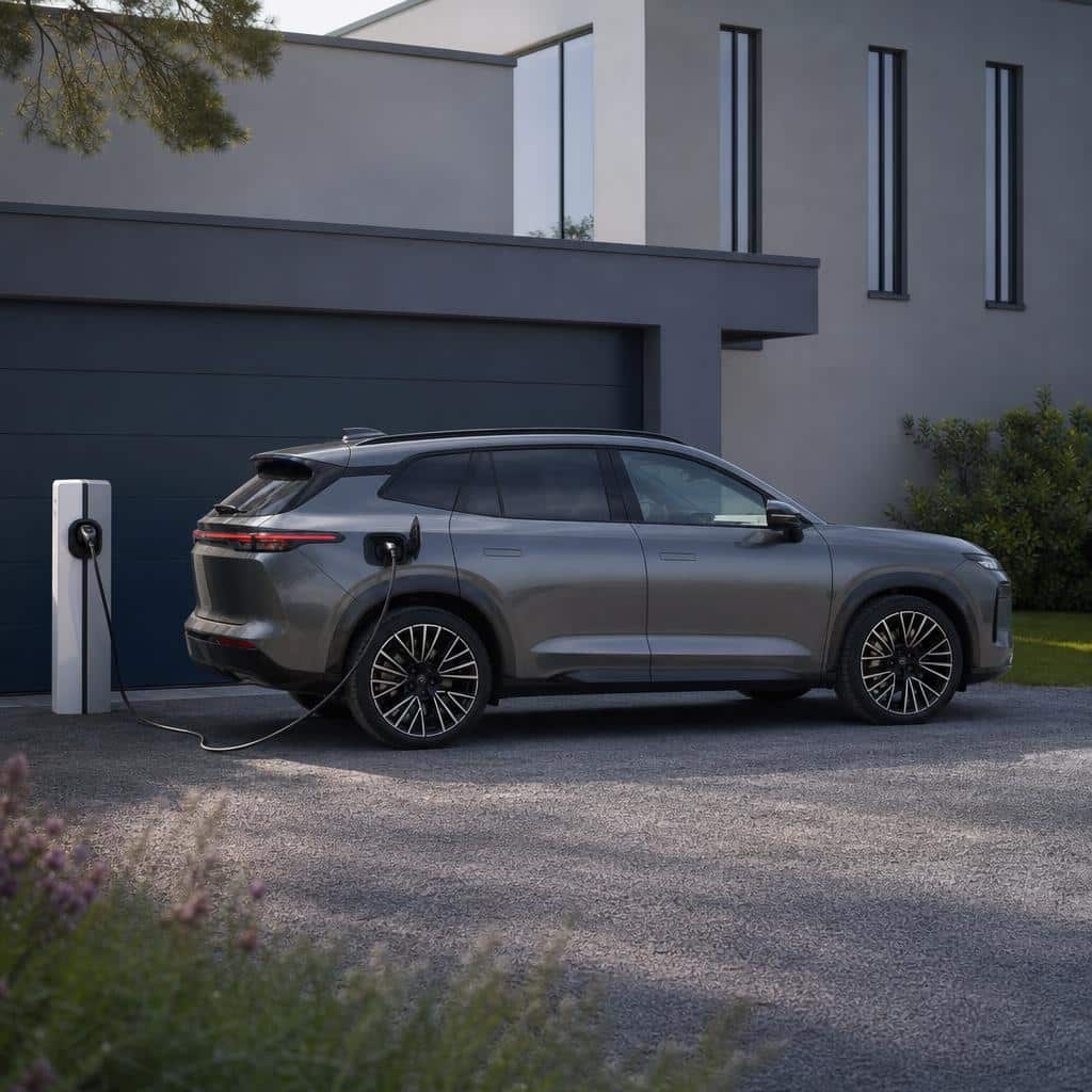 SUV électrique premium en recharge devant une maison contemporaine