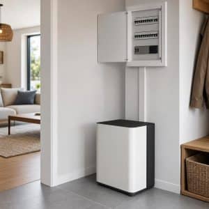 Batterie domestique moderne reliée proprement à un tableau électrique résidentiel