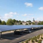 Parking communal équipé d'une ombrière photovoltaïque dans une petite ville française