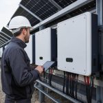 Technicien devant des onduleurs solaires modernes dans une installation photovoltaïque européenne
